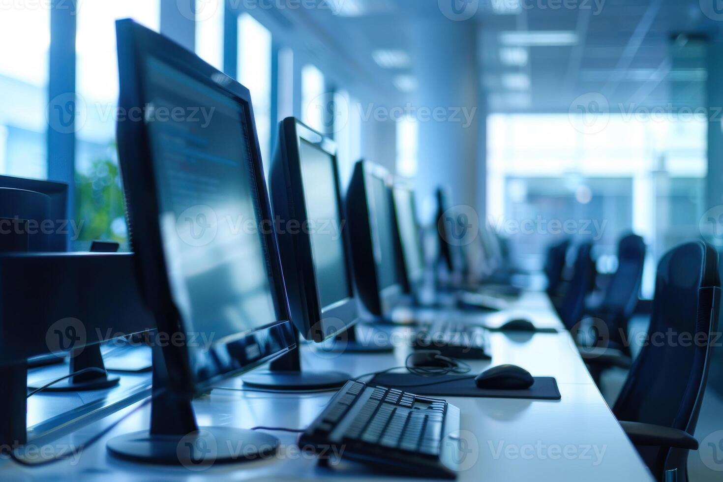 A row of computer monitors in an office photo