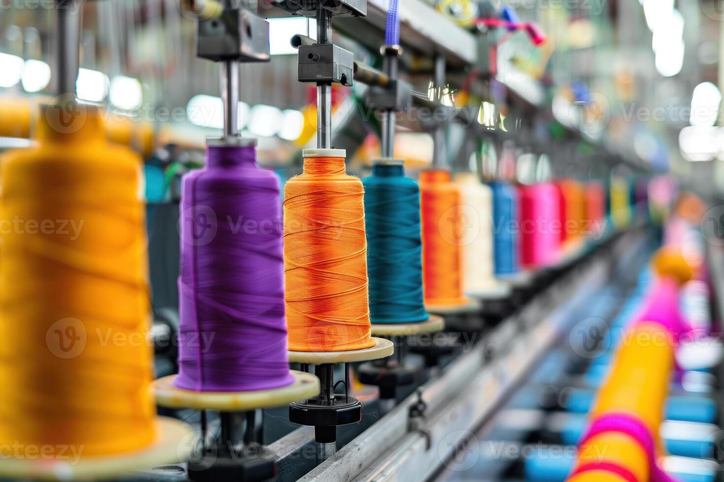 A factory with spools of thread on a conveyor photo