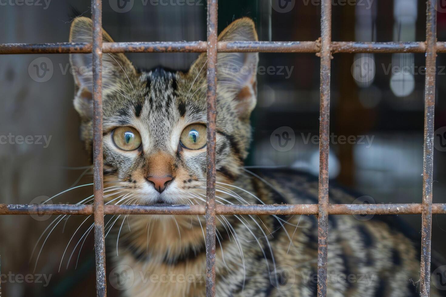 A cat is looking through the bars of a cage photo