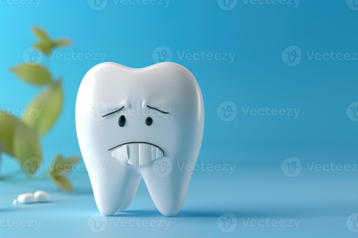 A tooth with a sad face and a plant photo