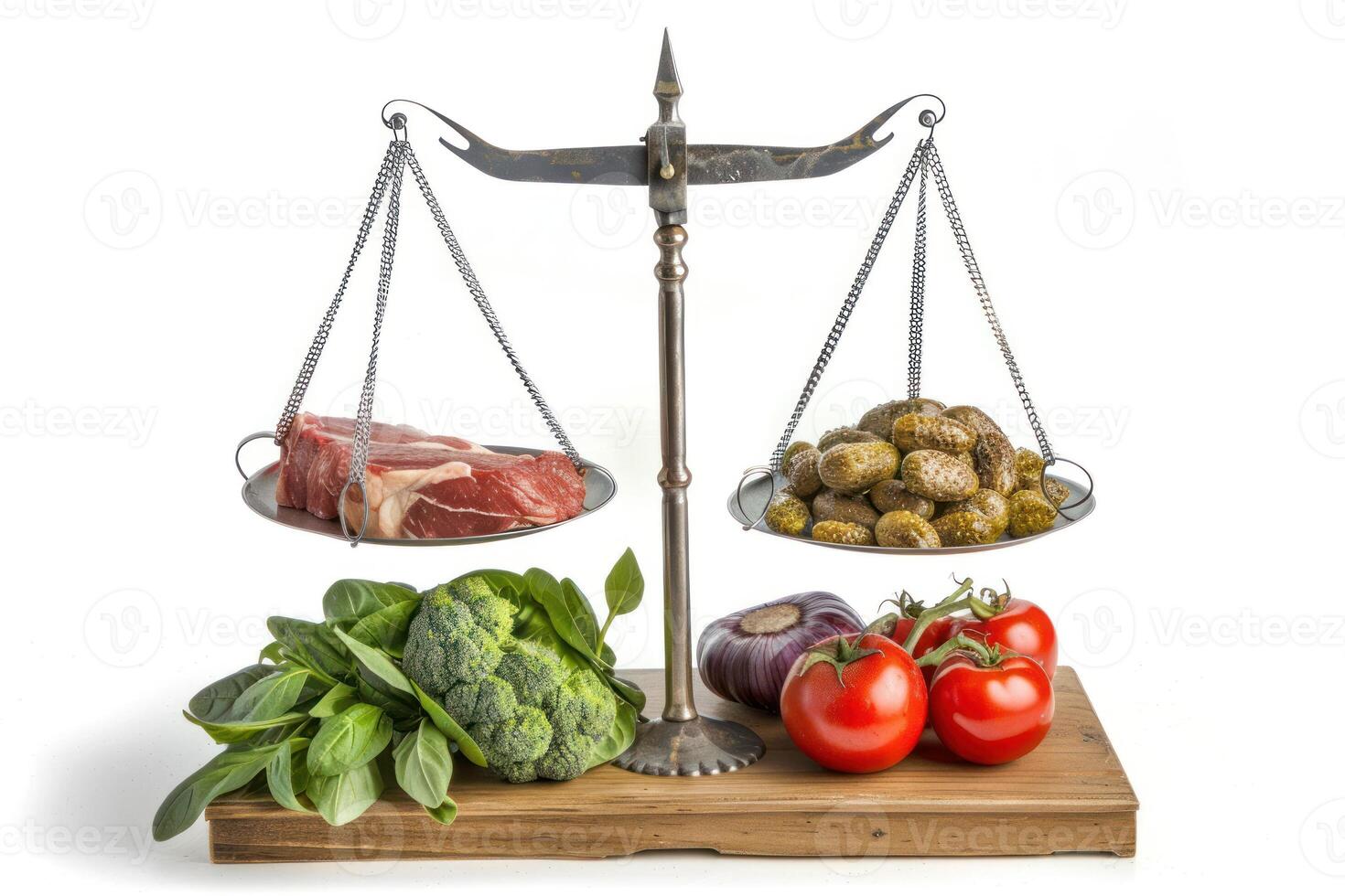 A scale with meat, vegetables and bread photo