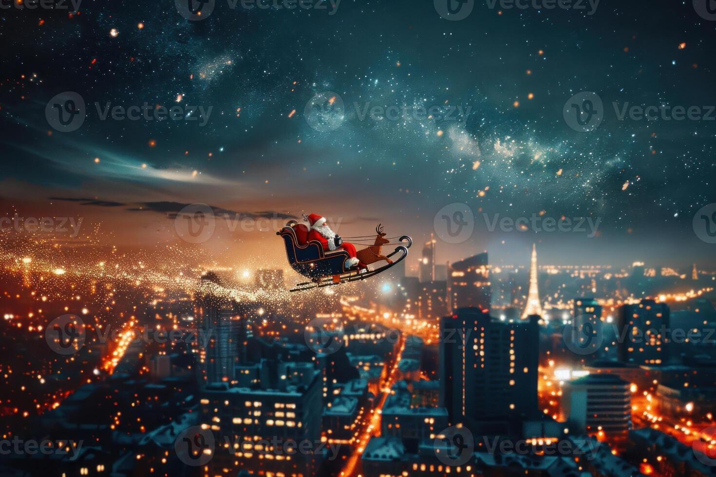 Santa claus flying in his sleigh over the city at night photo