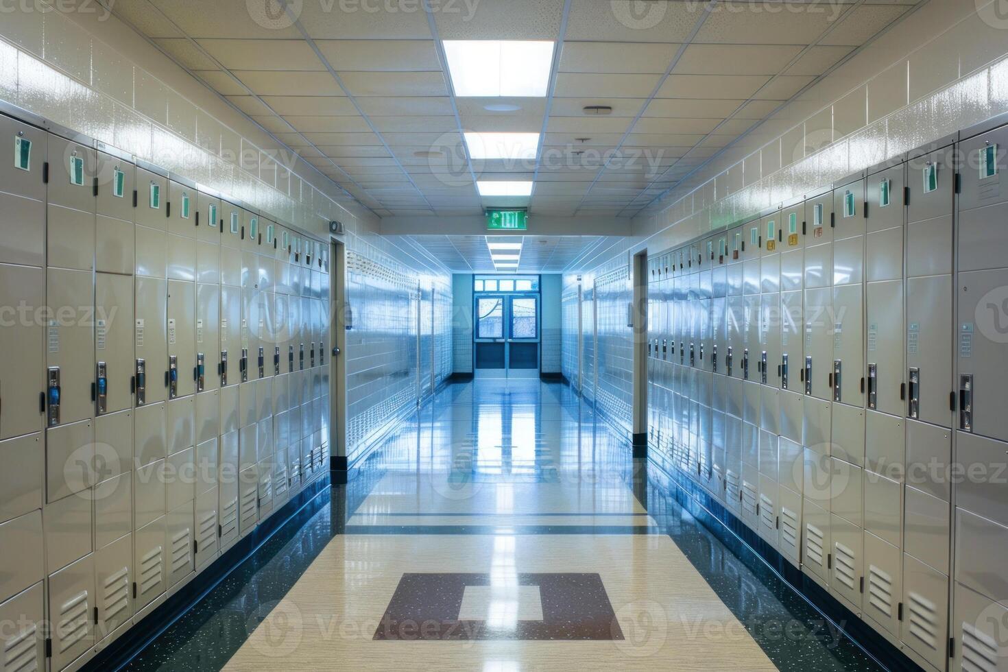 A long hallway with many lockers in it photo