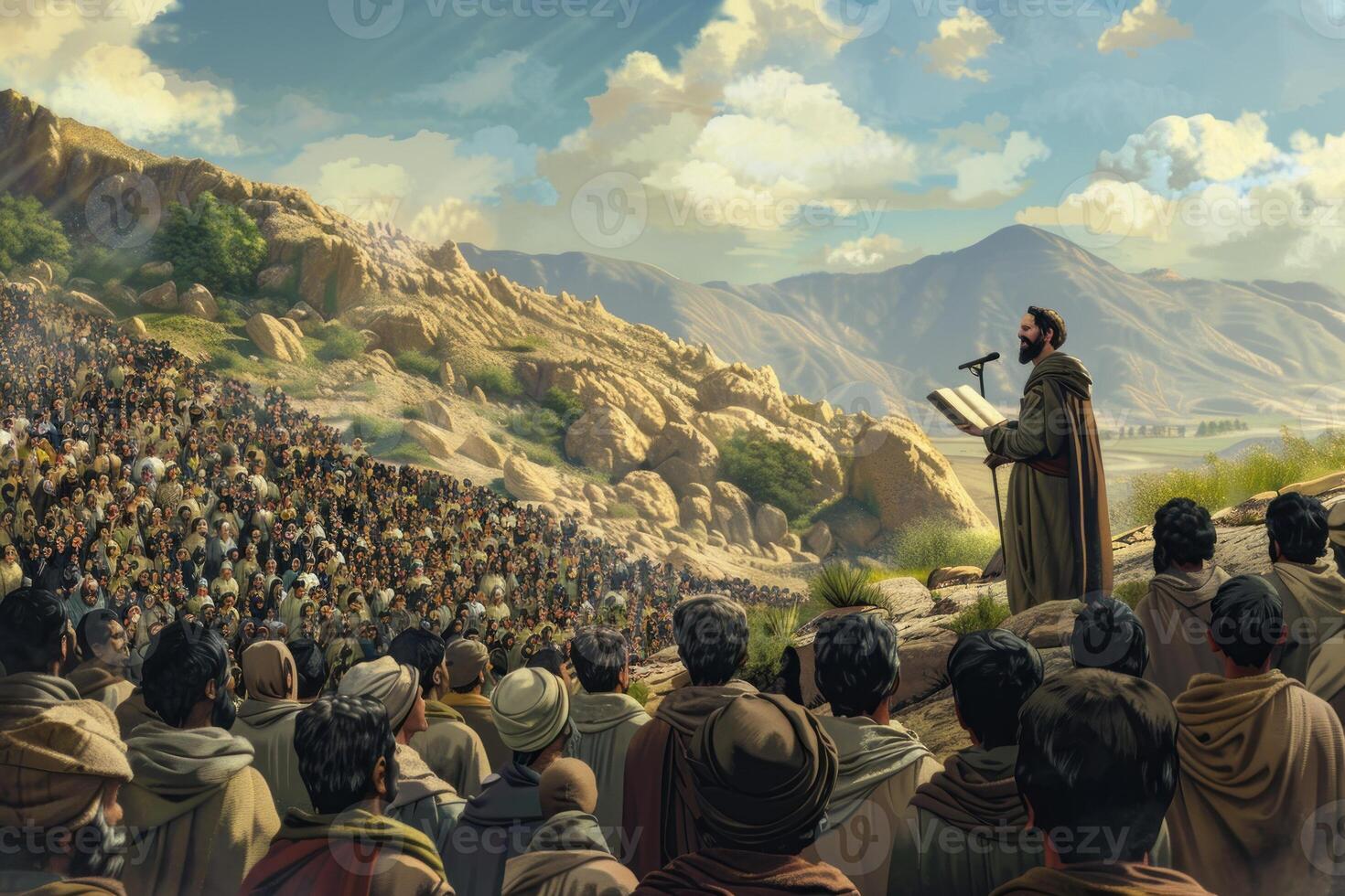 Jesus is speaking to a crowd of people in the desert photo