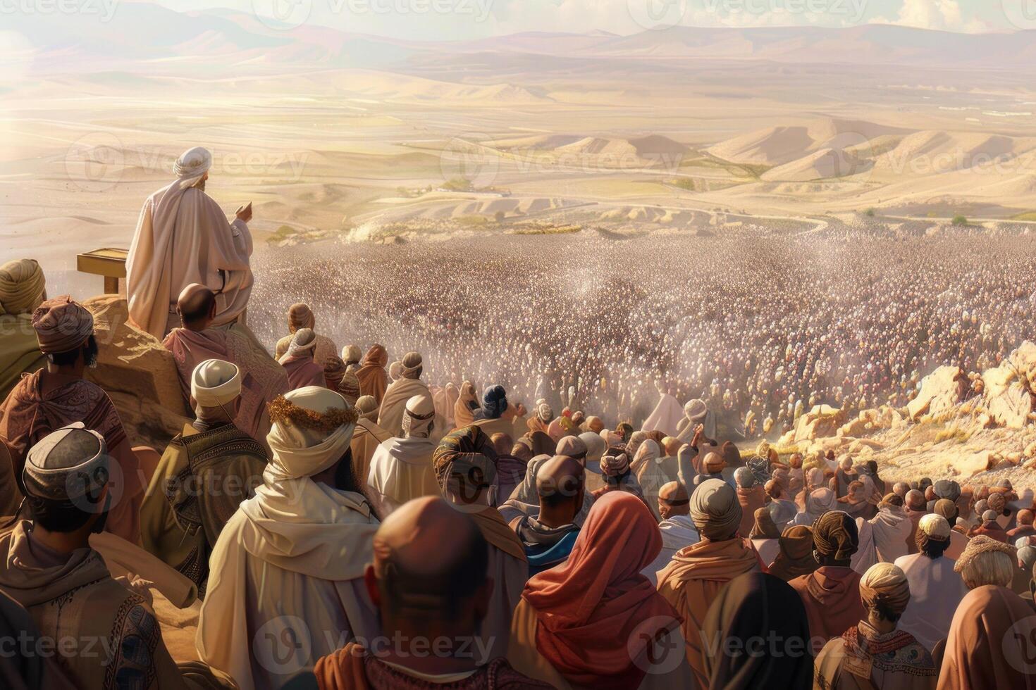 A large crowd of people standing on a hill in the desert photo