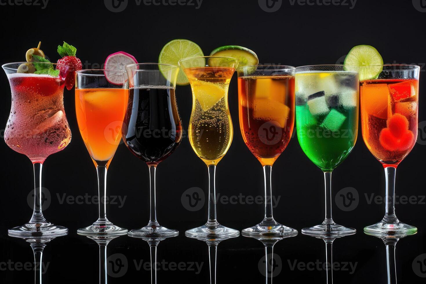 A row of different colored alcoholic drinks in glasses photo