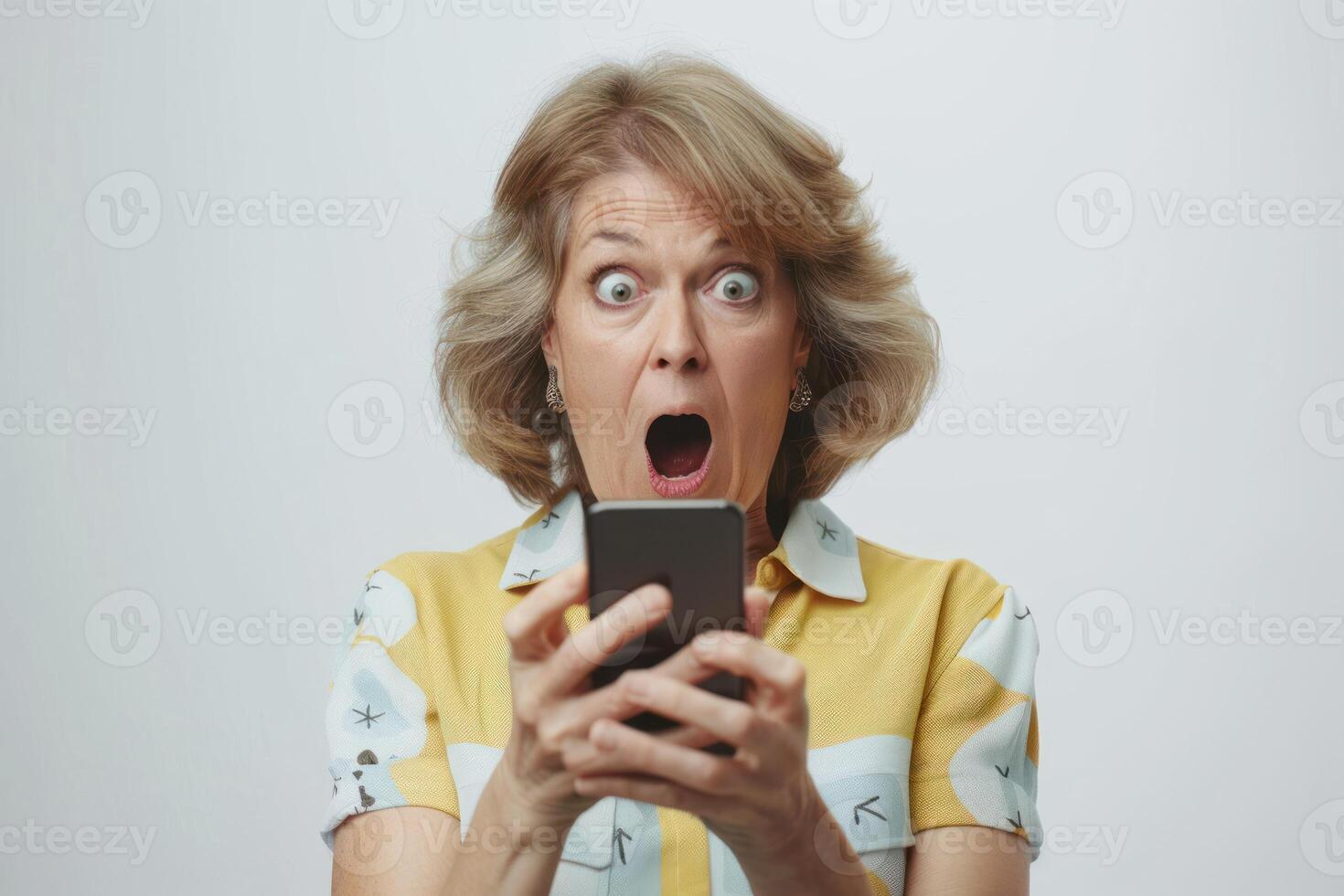 A woman is looking at her phone with a surprised expression photo