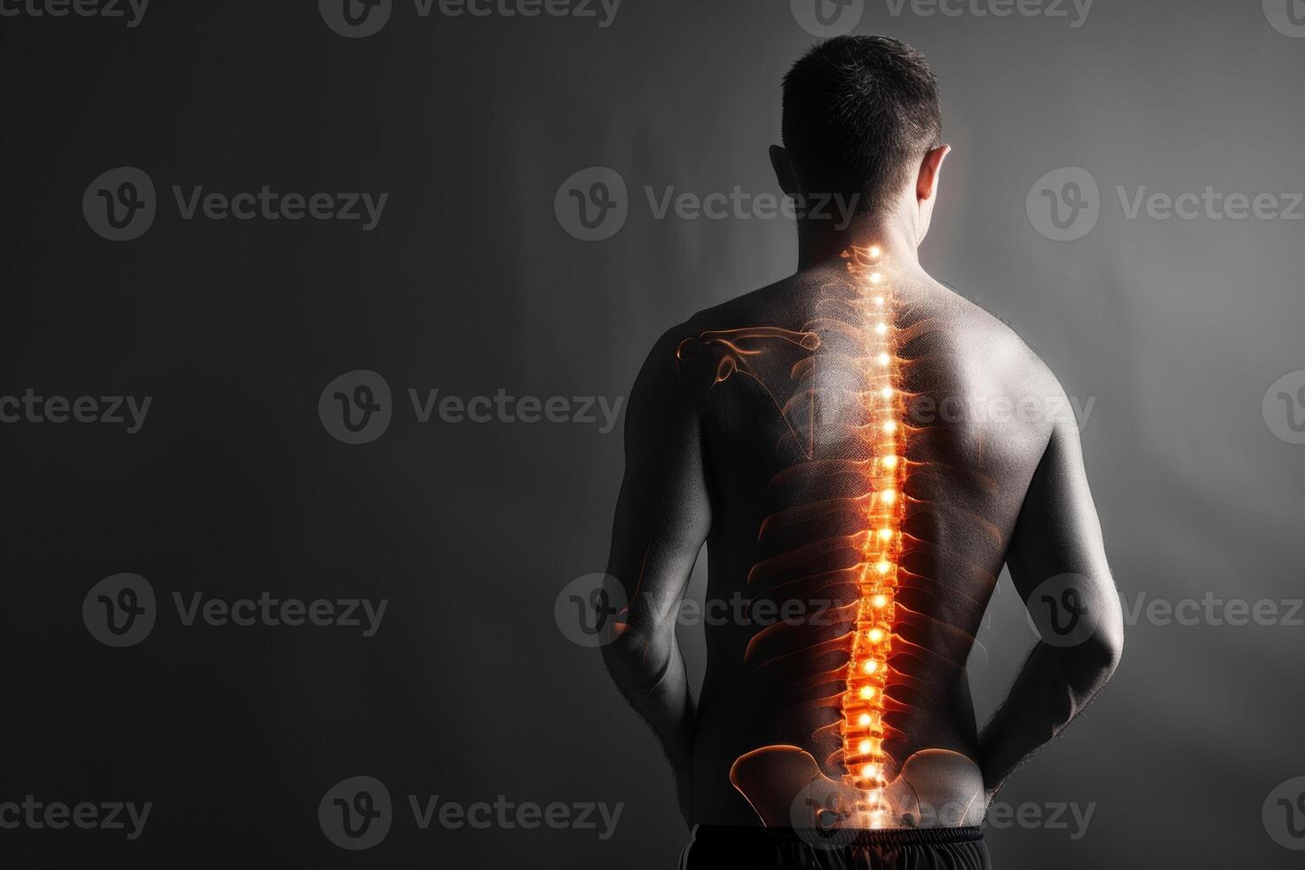A man with a back pain and spine highlighted photo