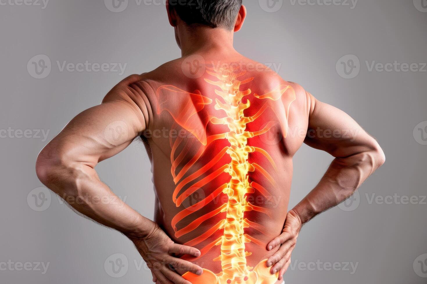 A man with back pain and spine highlighted photo