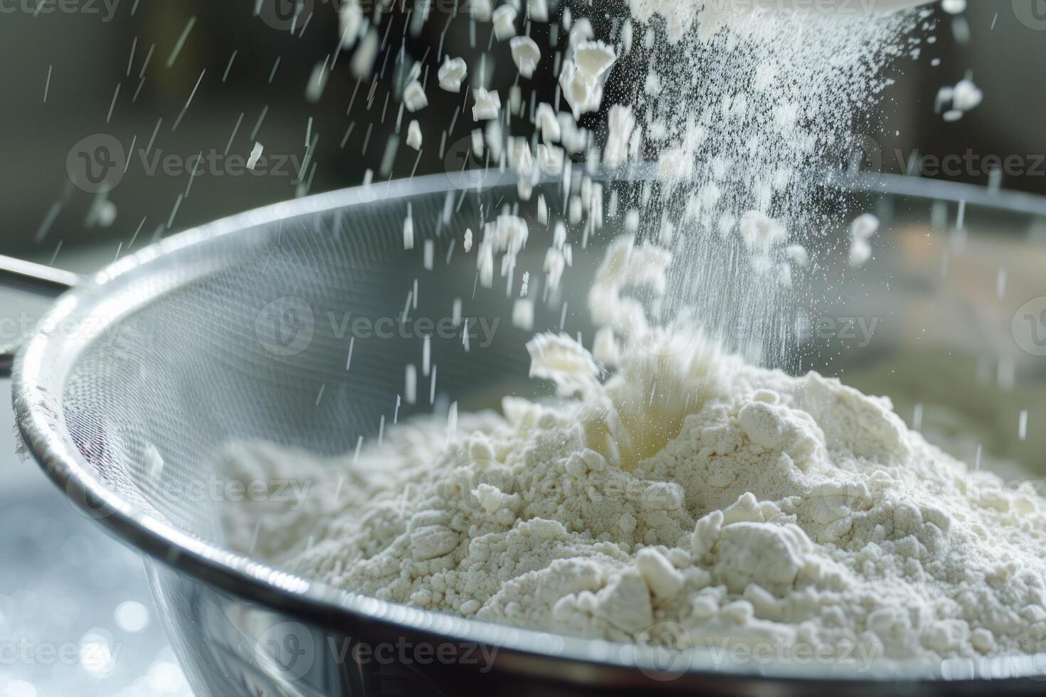 A bowl of flour being sprinkled with water photo