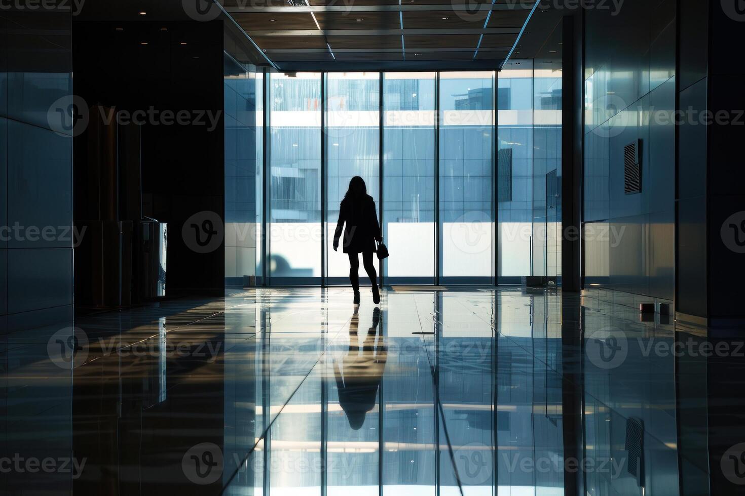 Silhouette of a woman walking through an empty hallway photo