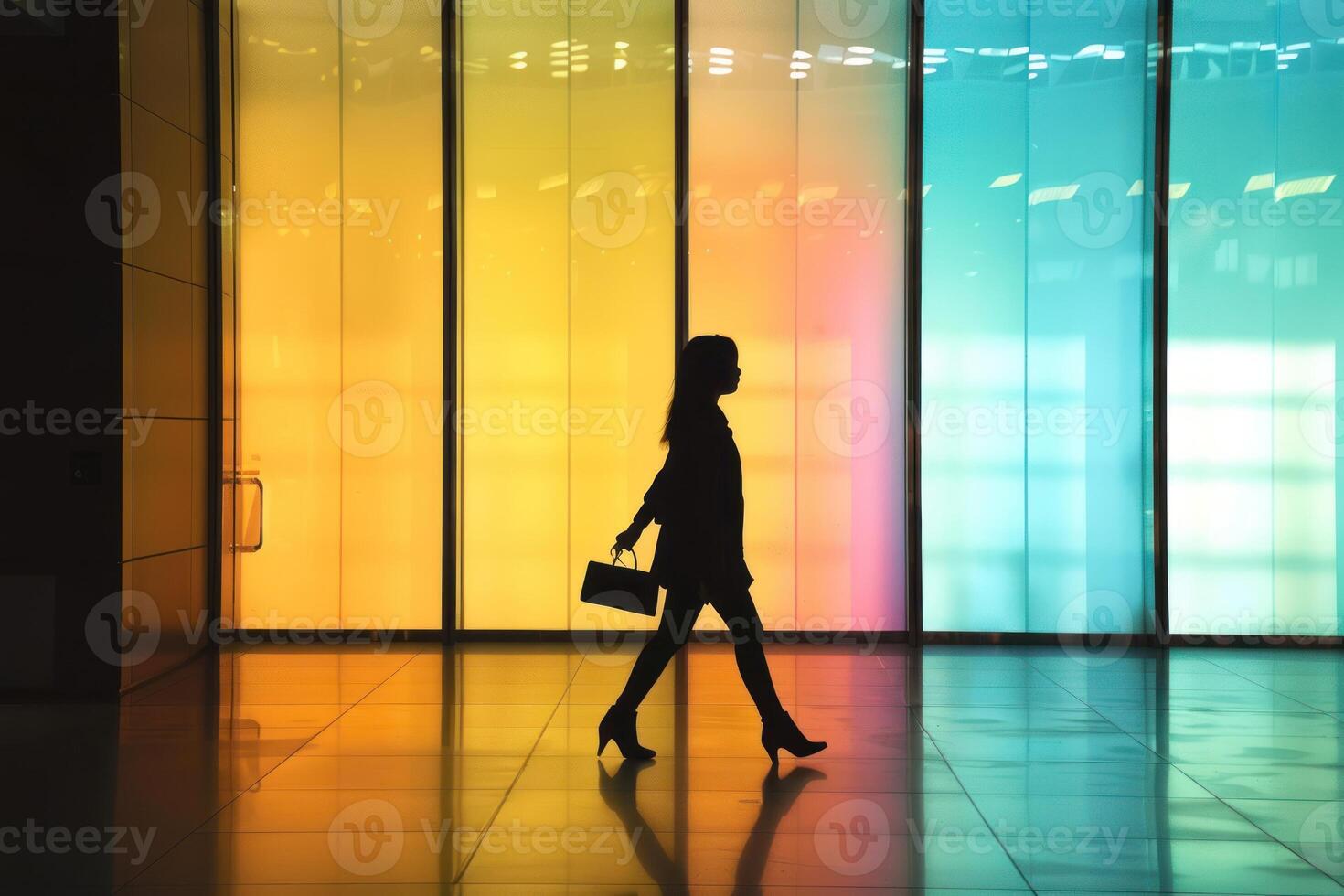 Silhouette of business woman walking in lobby of building with colorful wall photo