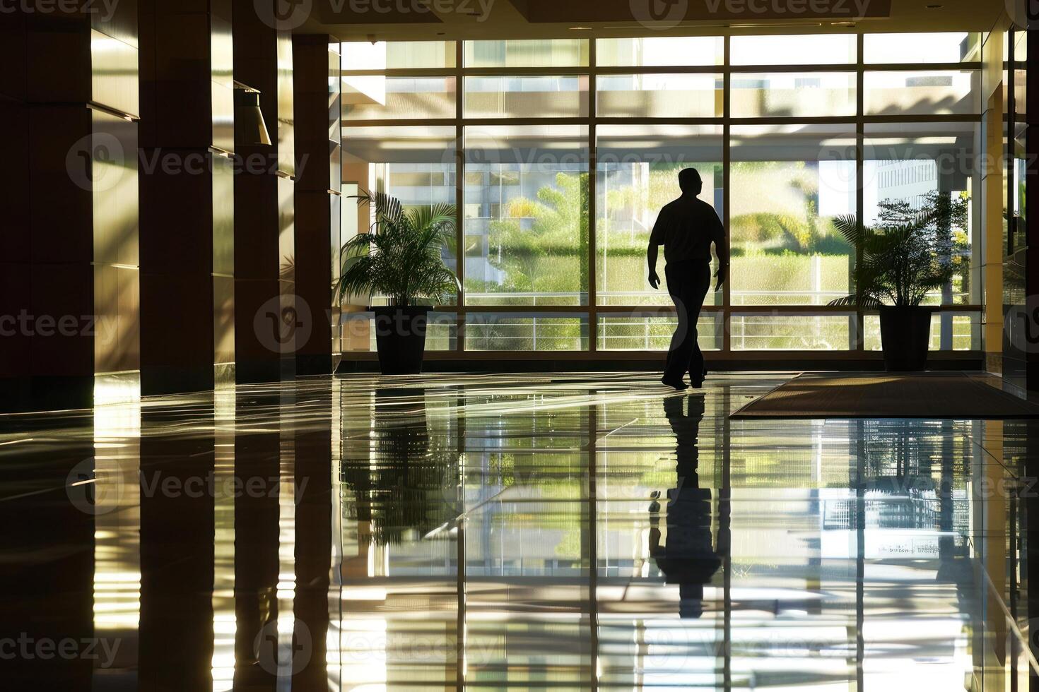 A man walking through a large lobby photo