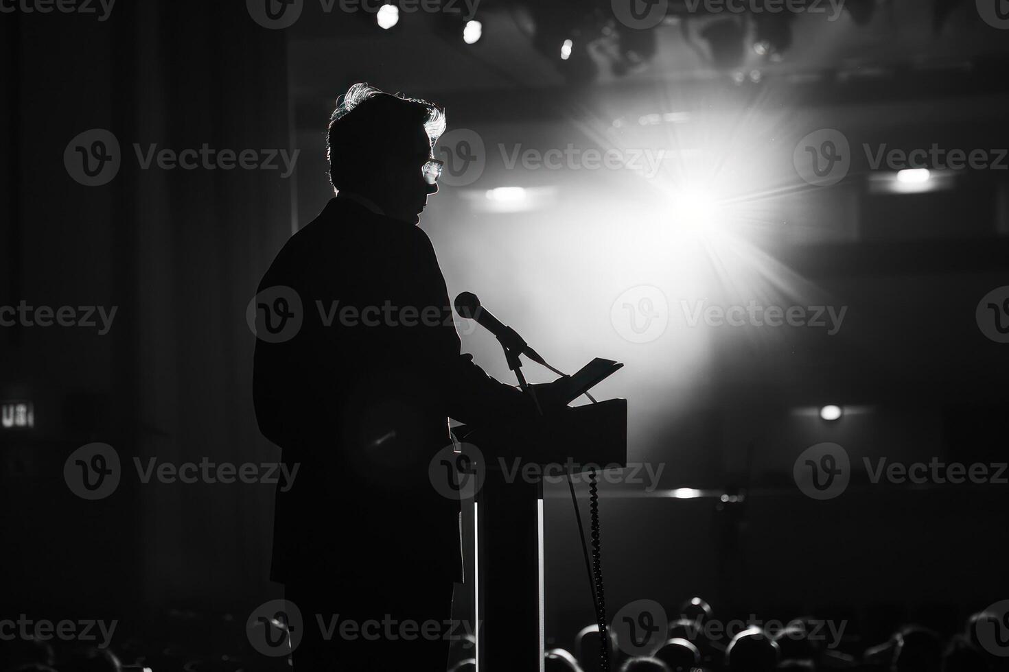 A man is standing at a podium in front of a crowd photo
