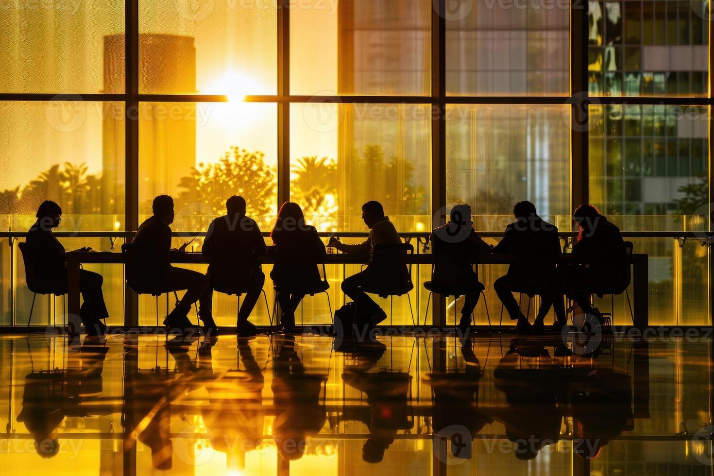 Silhouette of business people at a conference table in front of large windows photo