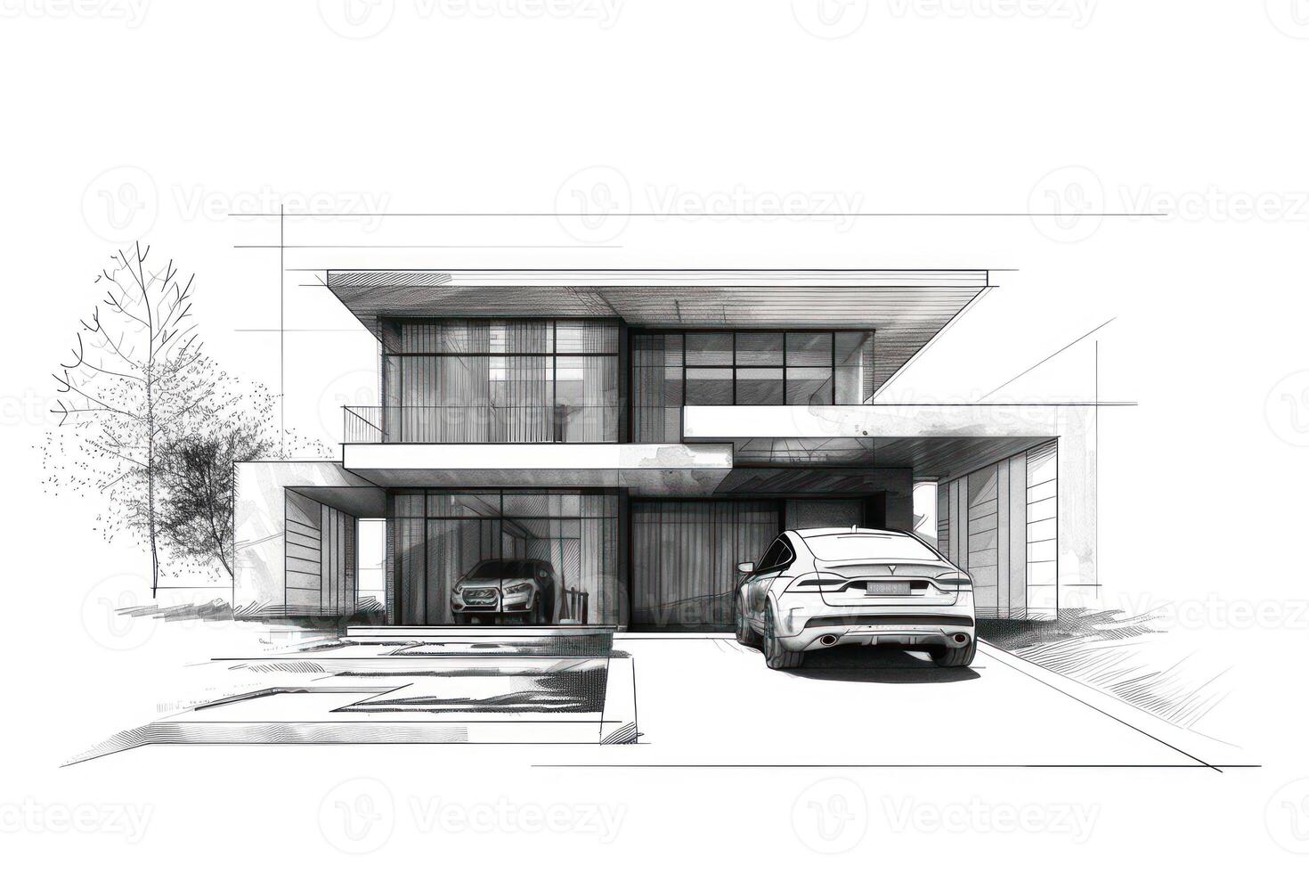A sketch of a modern house with a car parked in front photo