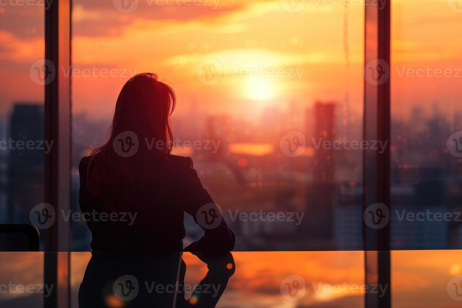 Silhouette of business woman looking out of window at sunset photo