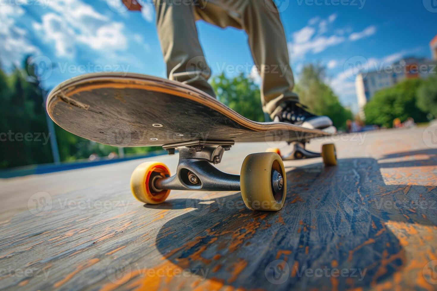 A person riding a skateboard on a wooden surface photo