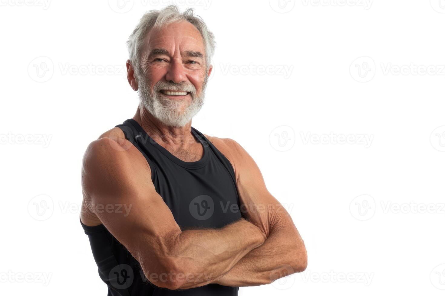 An older man with a beard and a tank top photo