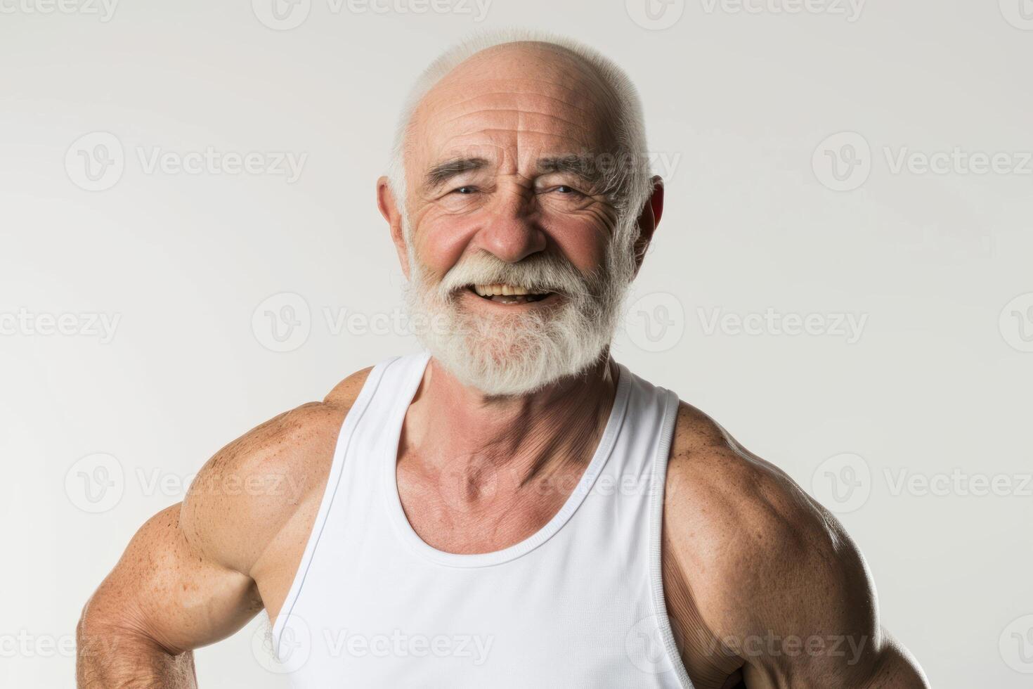 An older man with a beard and white tank top photo