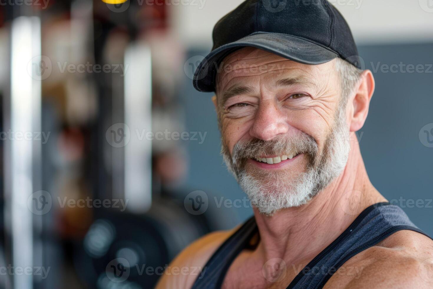 A man with a beard and cap smiling in a gym photo