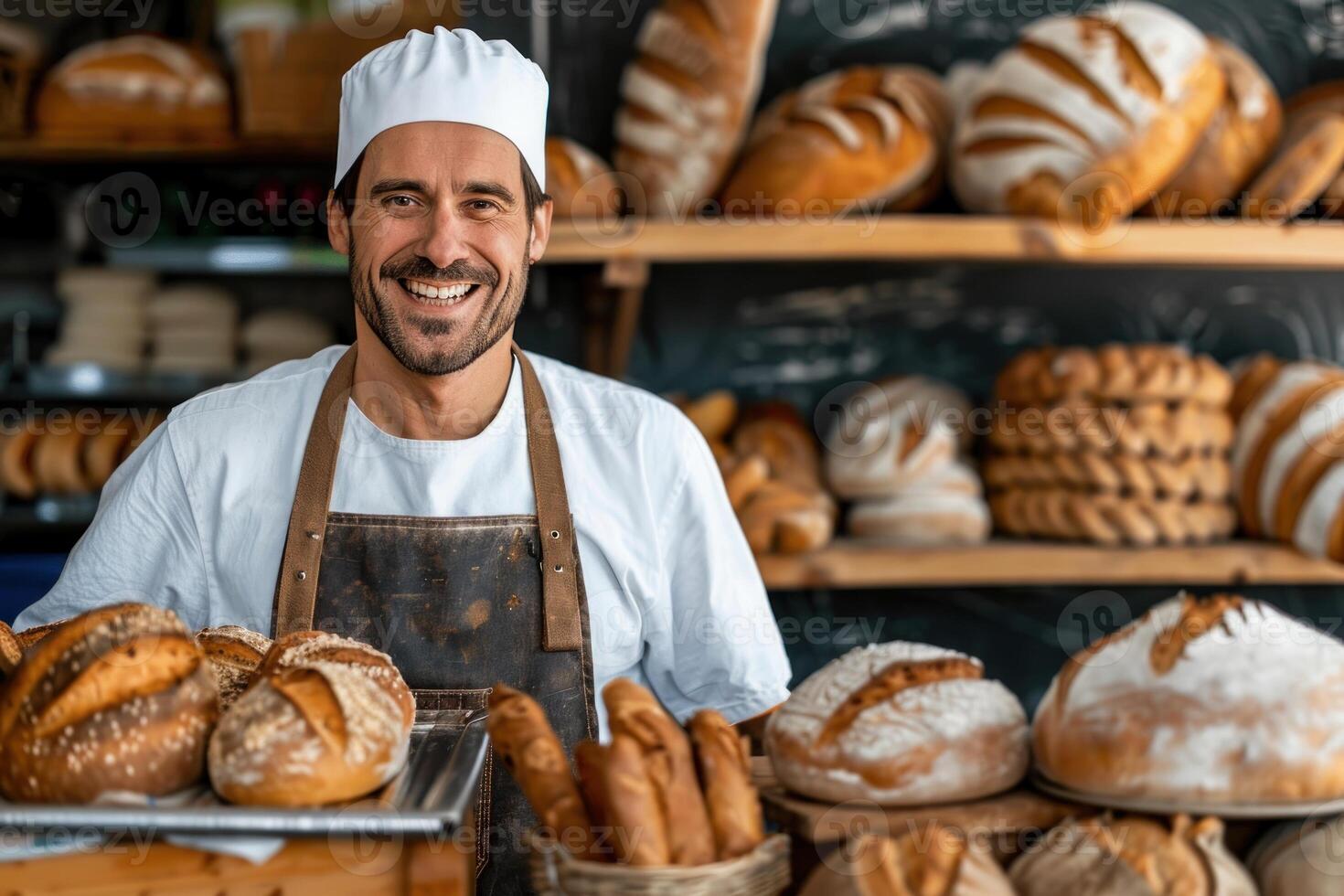 A smiling man in an apron holding a tray of bread photo