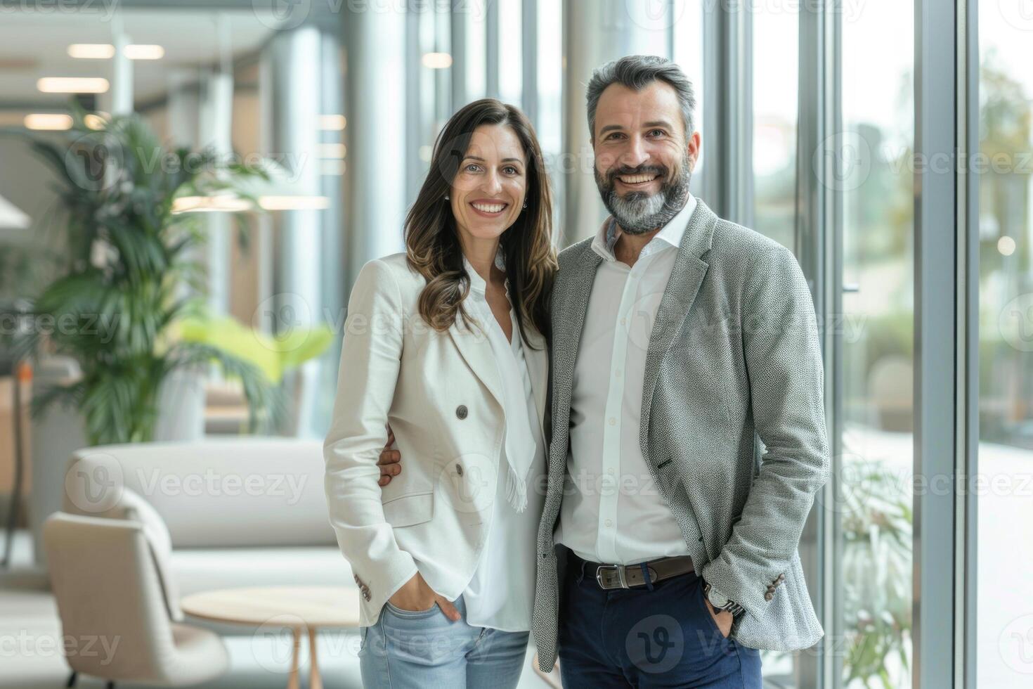A man and woman standing in an office building photo