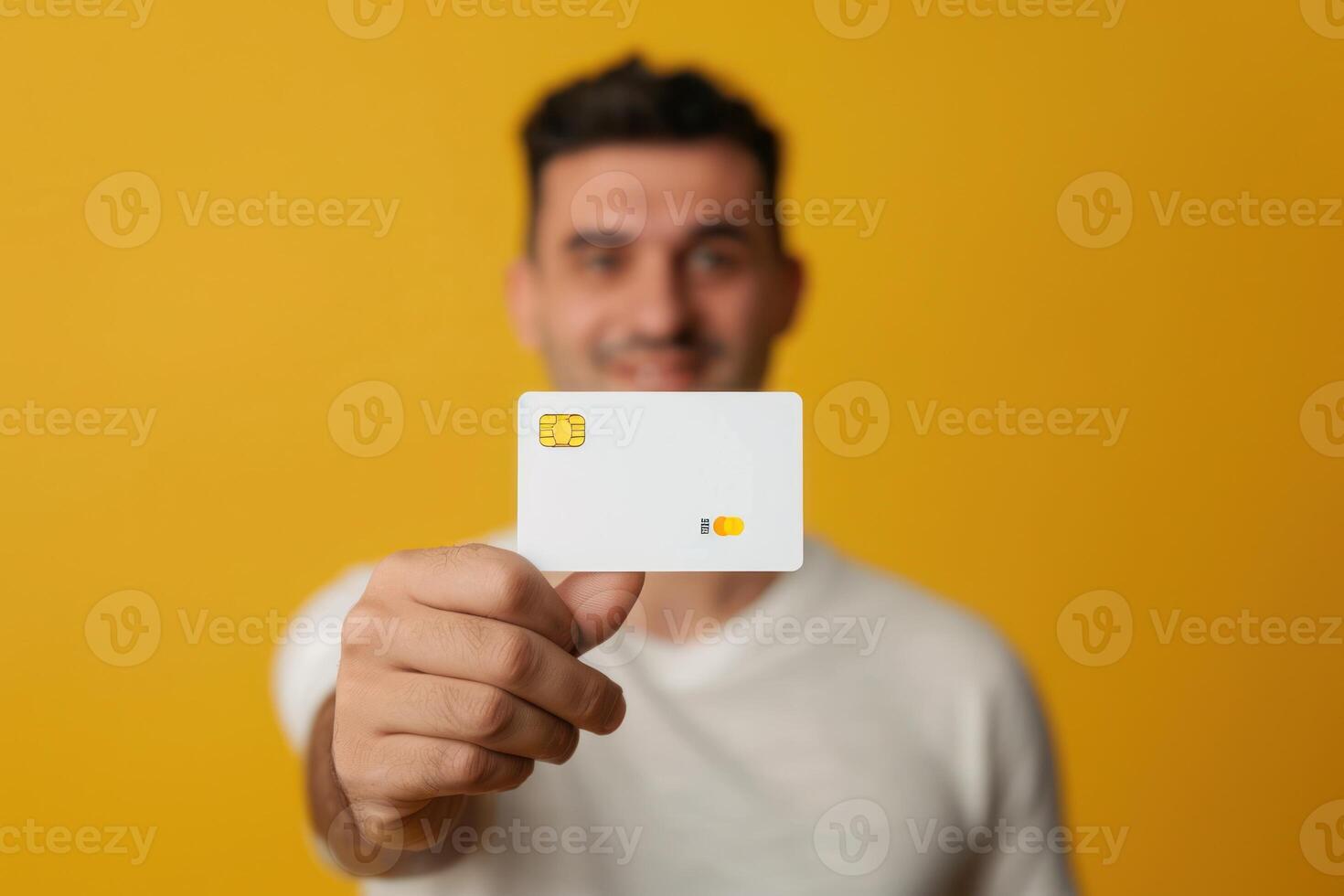 A man holding up a white credit card photo