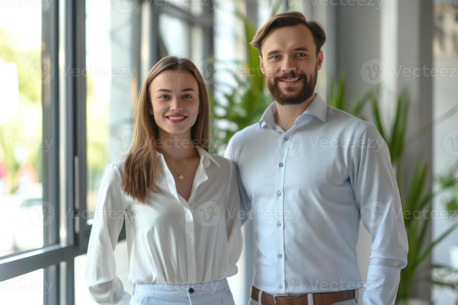 A man and woman standing in front of a window photo