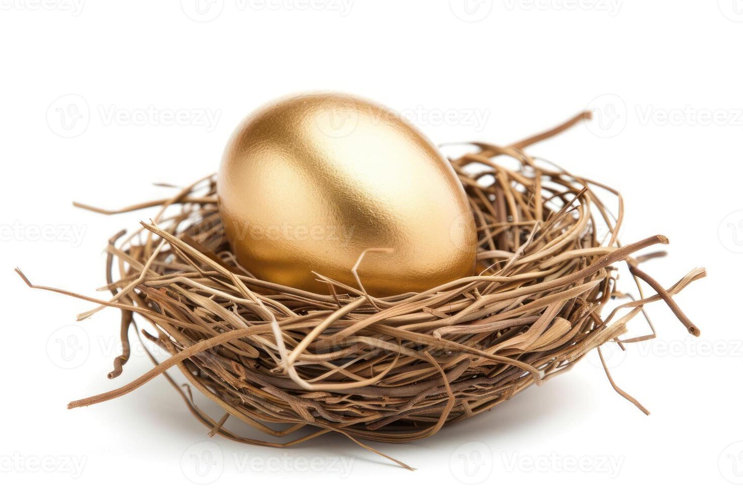 Golden egg in nest isolated on white background photo