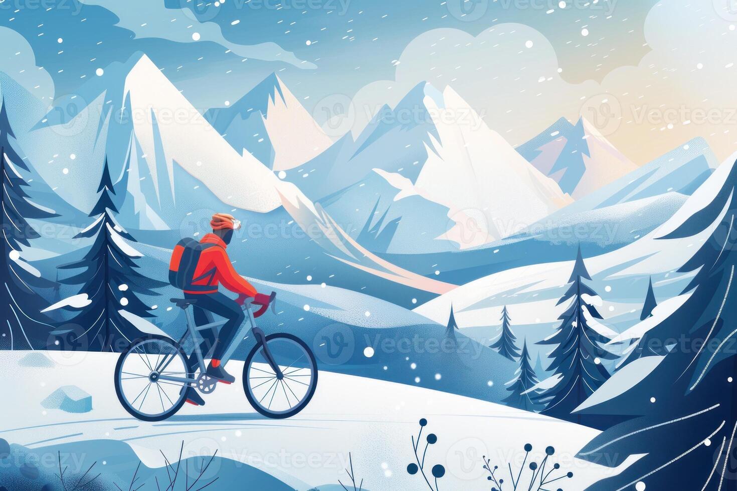A man on a bike in the snow with mountains in the background photo