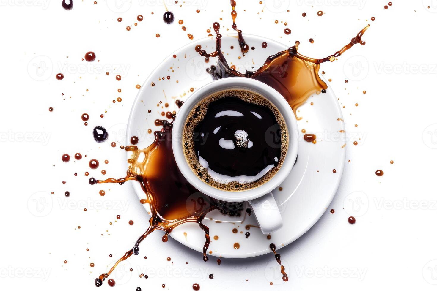 A cup of coffee with splashes of coffee photo
