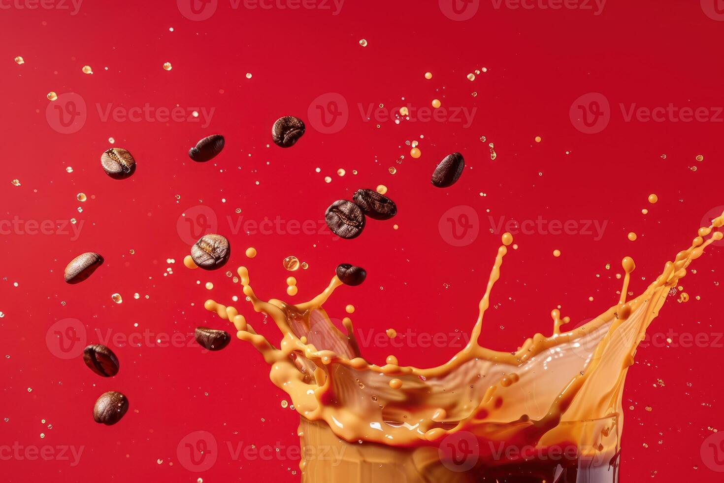 Coffee beans and splash of liquid on red background photo