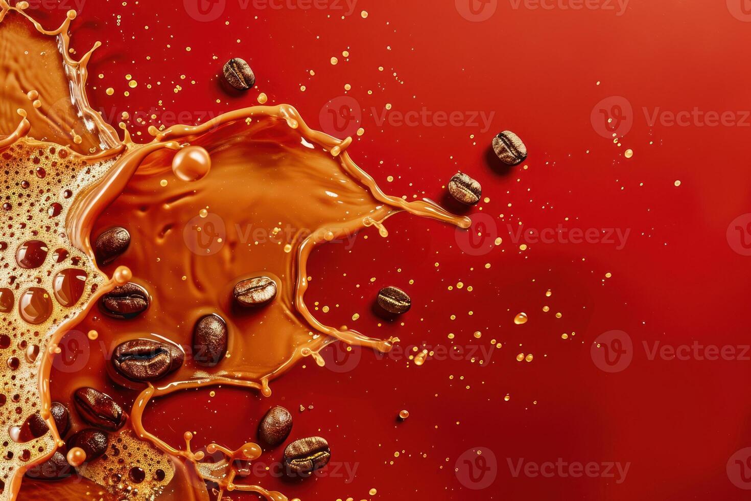 Coffee beans and splash of coffee liquid on red background photo