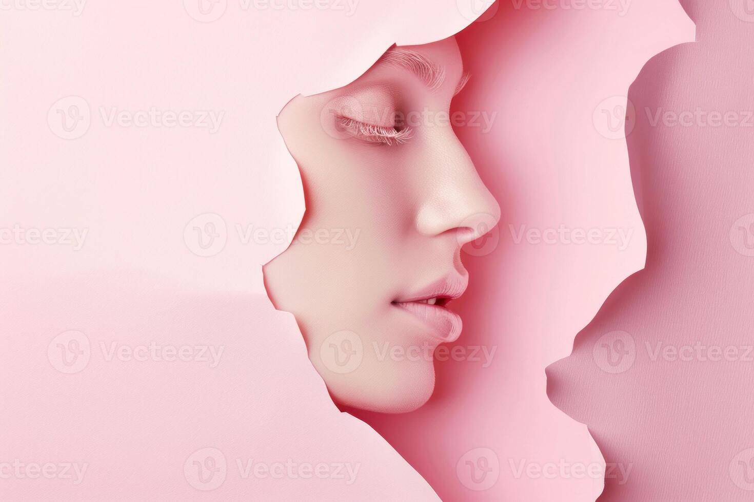 A woman's face is peeking out of a hole in a pink paper photo
