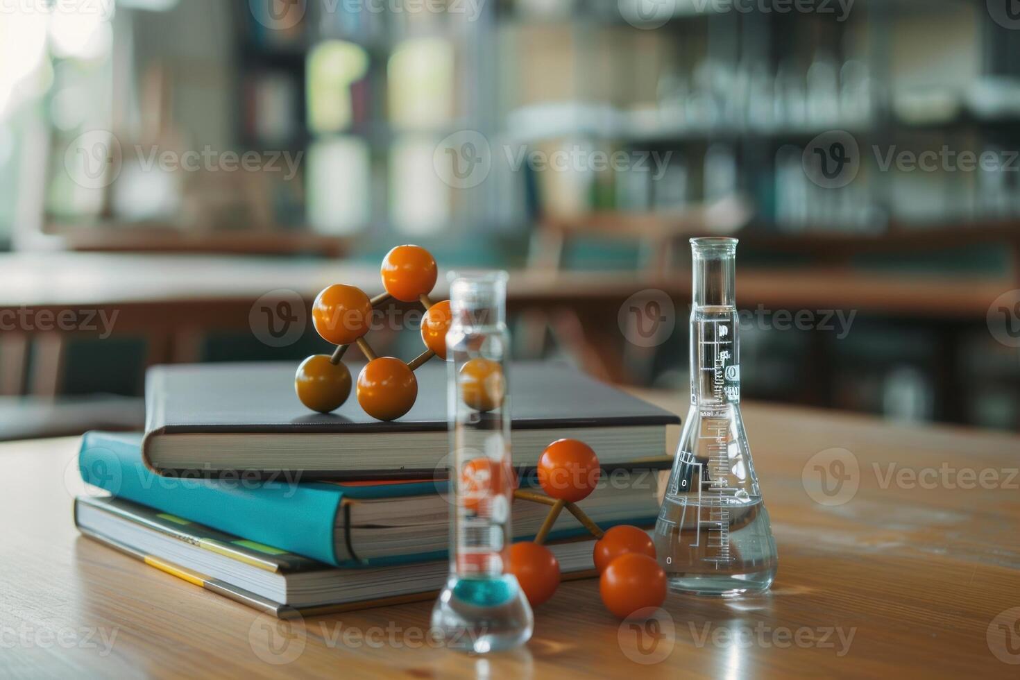 A stack of books and a glass flask with orange balls photo