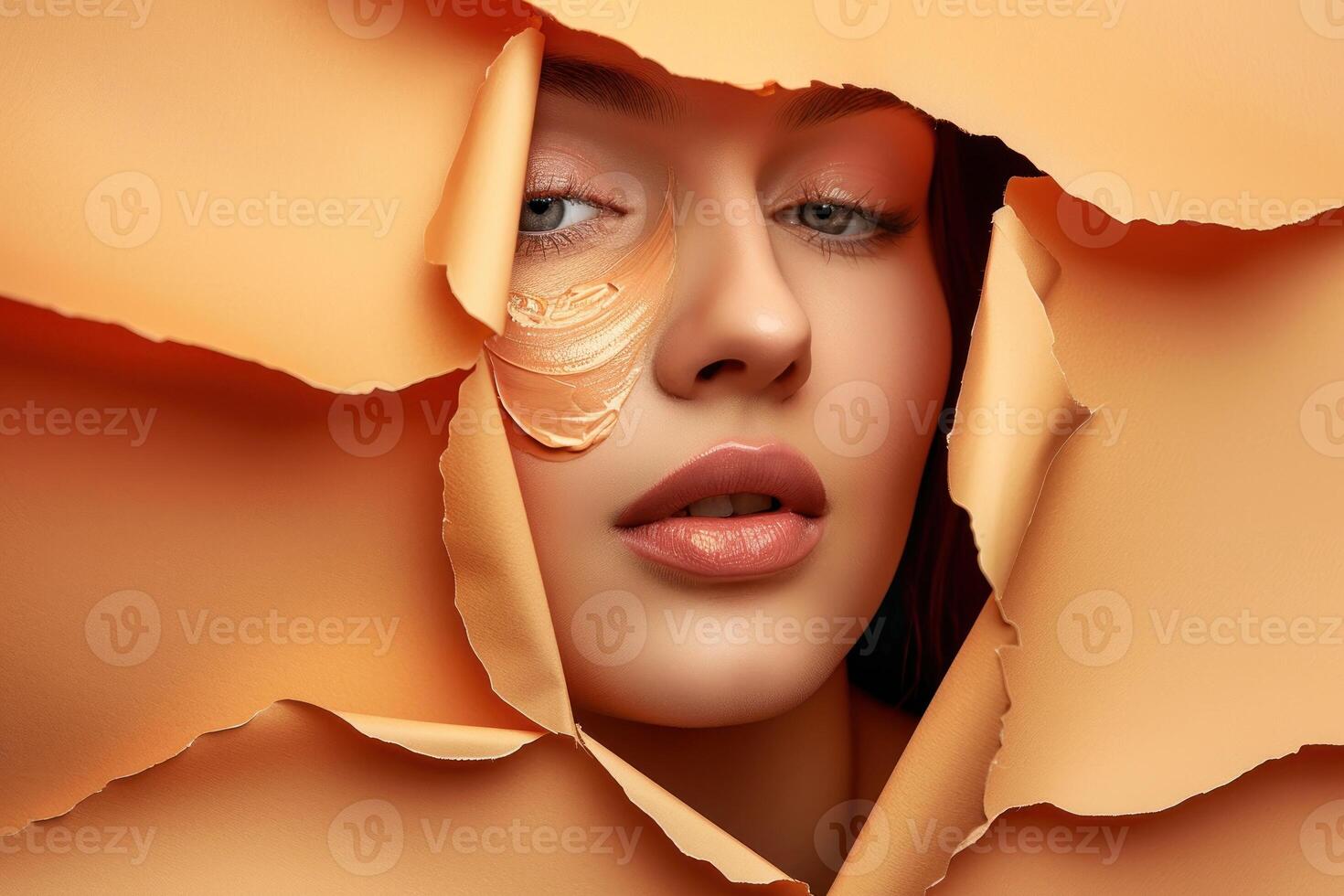 A woman is peeking out of a hole in a paper photo