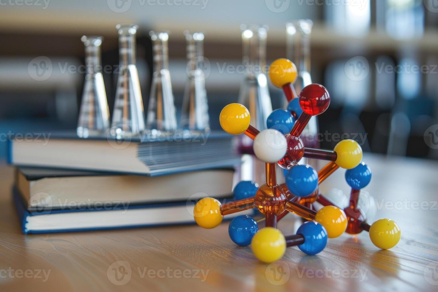 A model of a molecule on top of books and a glass flask photo