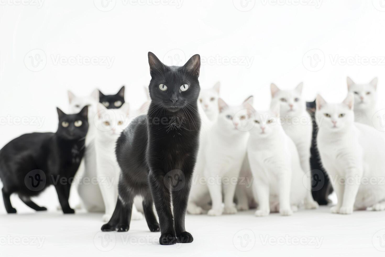 A group of black cats standing in front of a white background photo
