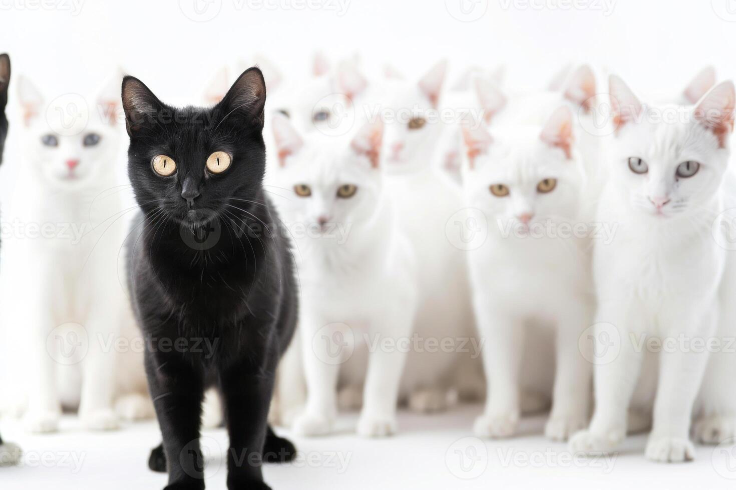 A group of black and white cats standing in front of a white background photo
