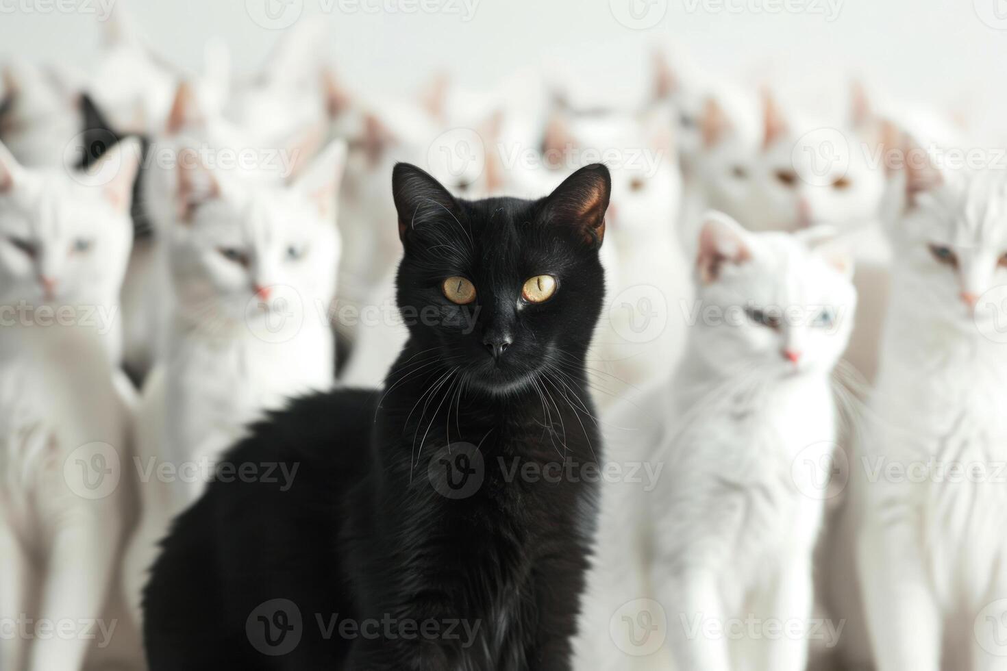 A black cat is surrounded by a group of white cats photo