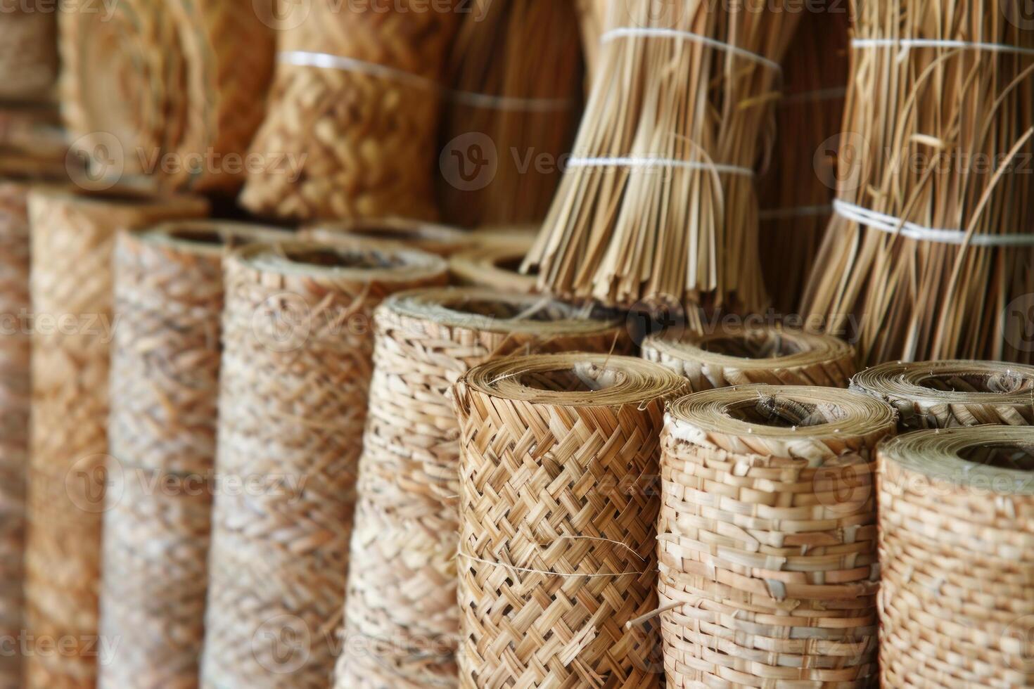 Bamboo baskets and straws for sale at a market photo