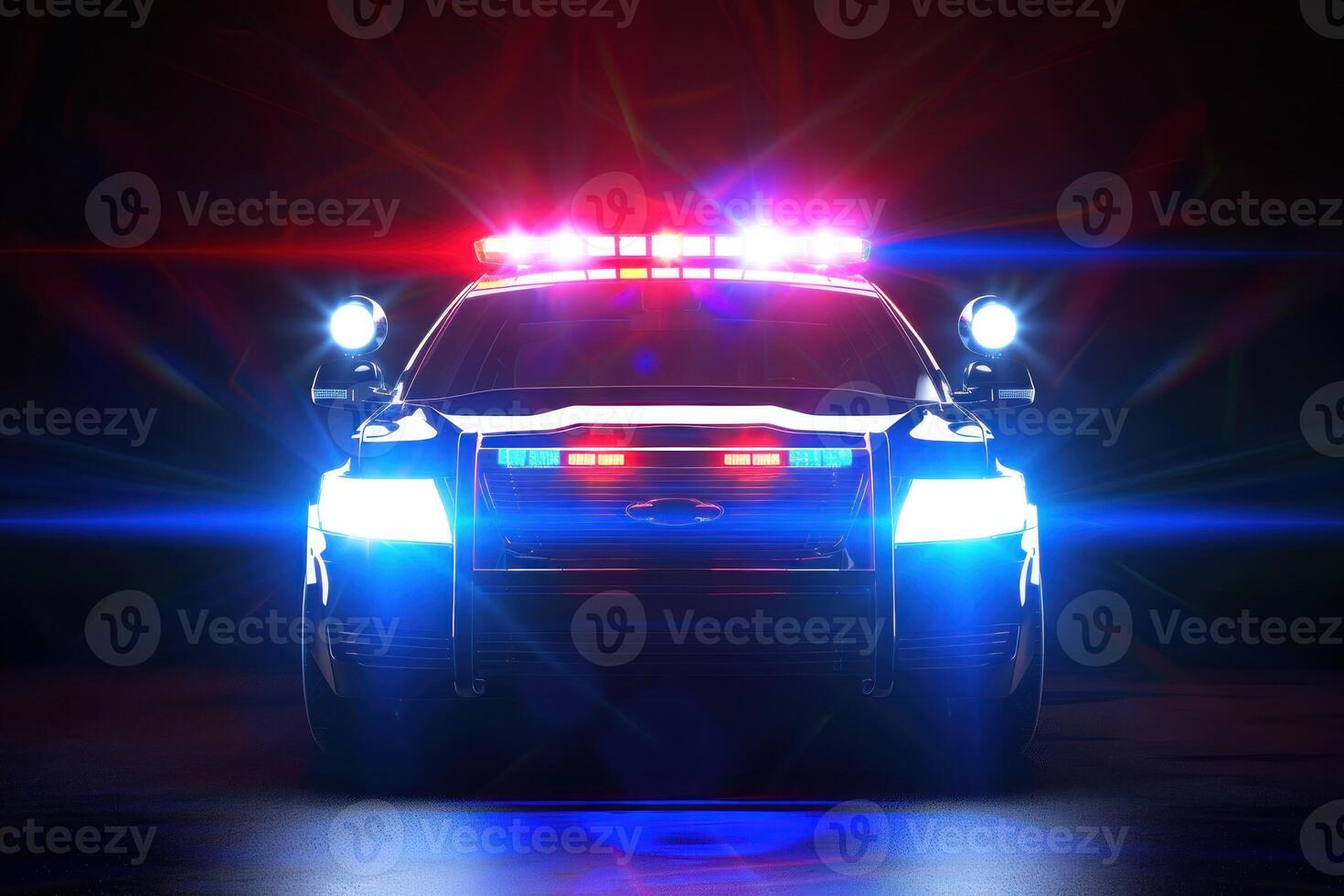 A police car is shown in the dark with bright lights photo