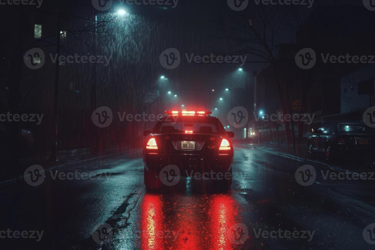 A police car is driving down a wet street at night photo