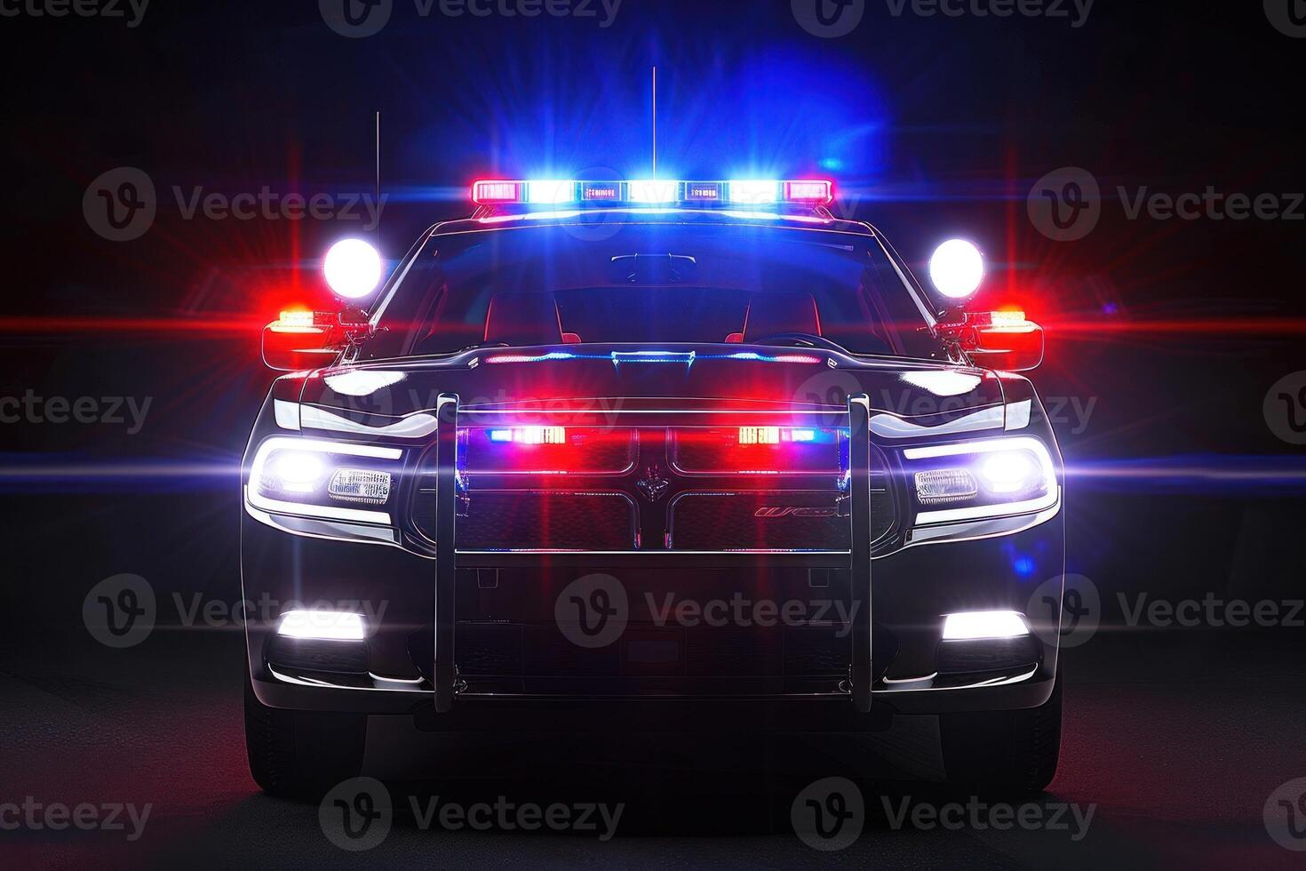 A police car is shown in the dark with lights on photo