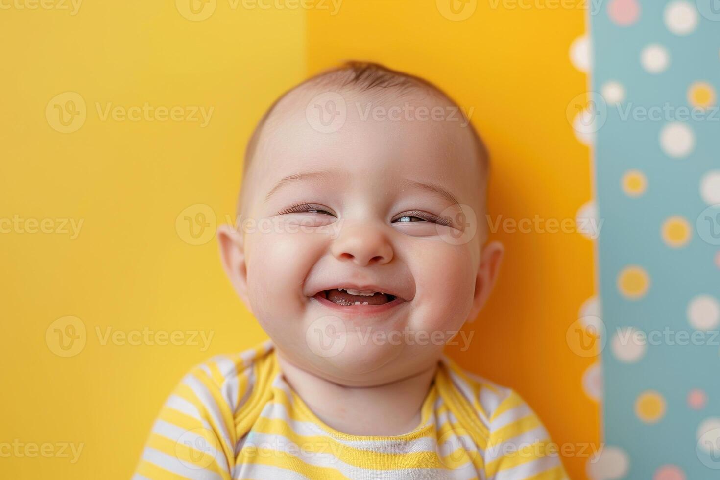 A baby smiles while sitting on a yellow background photo