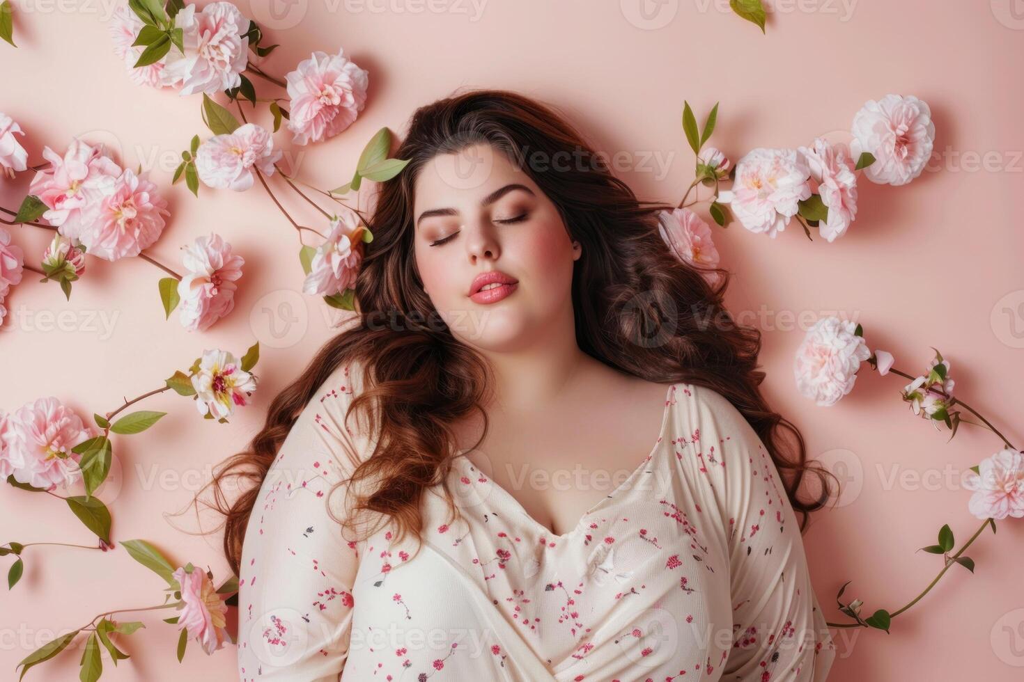 A woman with long hair and flowers on her face photo