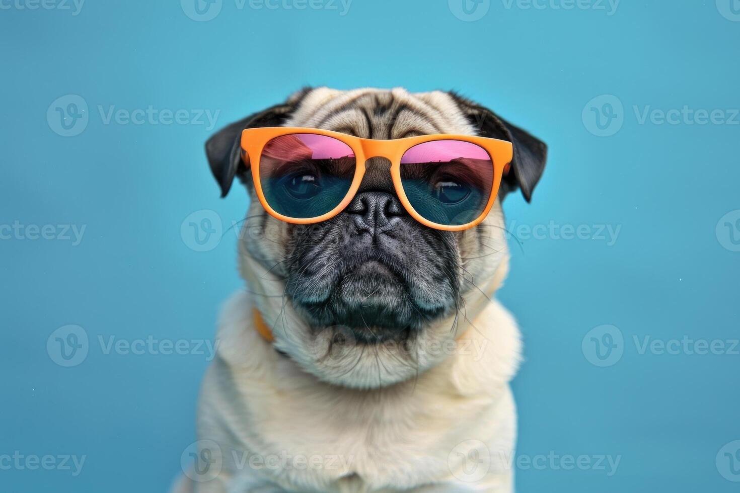 Pug dog wearing sunglasses on blue background photo