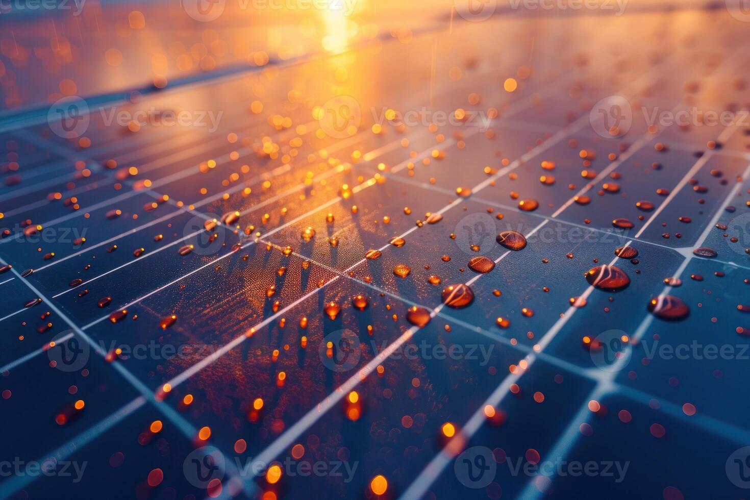 Water droplets on solar panels at sunset photo