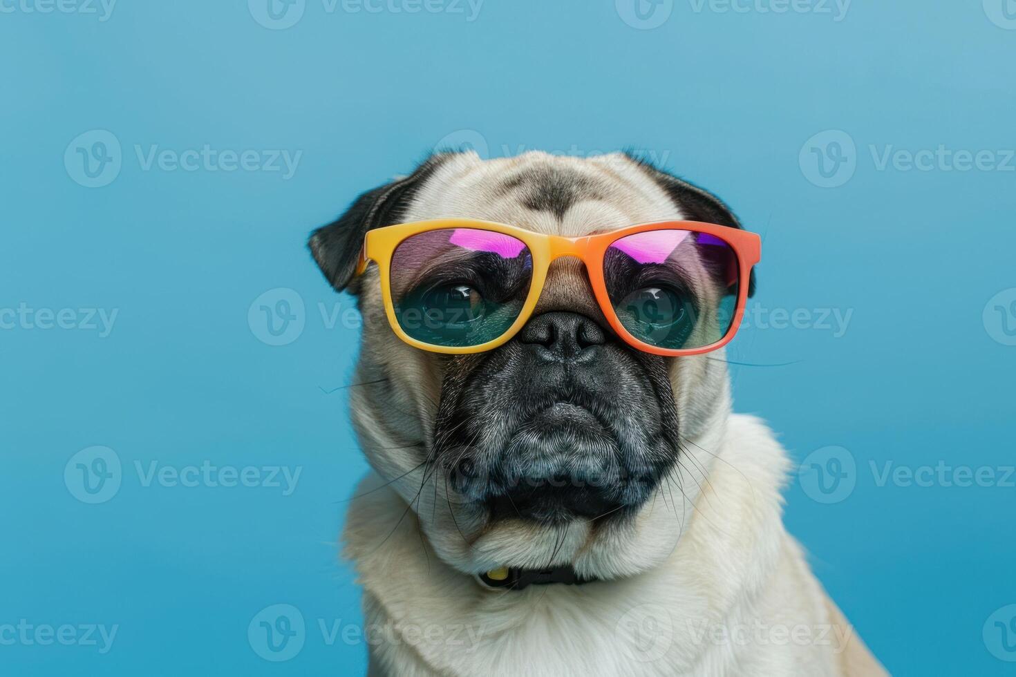 Pug dog wearing colorful sunglasses on blue background photo